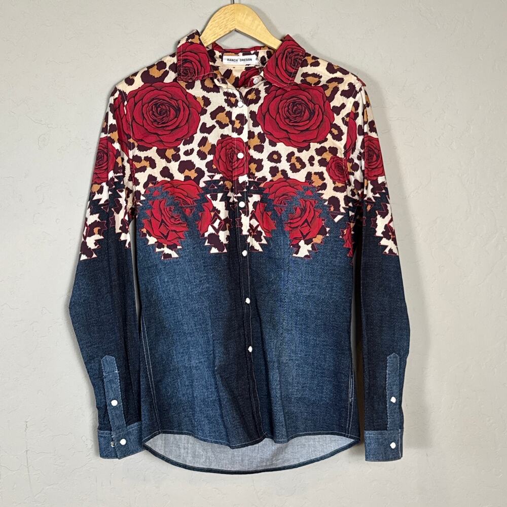 Ranch Dressn Rose Cheetah Pattern Western Shirt Size Medium NWT Rodeo Cowgirl